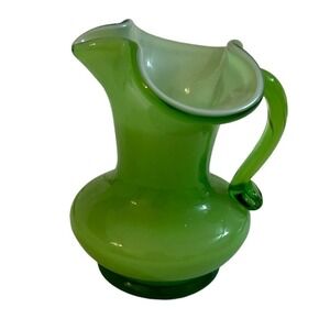 Vtg MCM Kanawha Green Glass Applied Handled Ruffled Creamer Pitcher Cream Interi